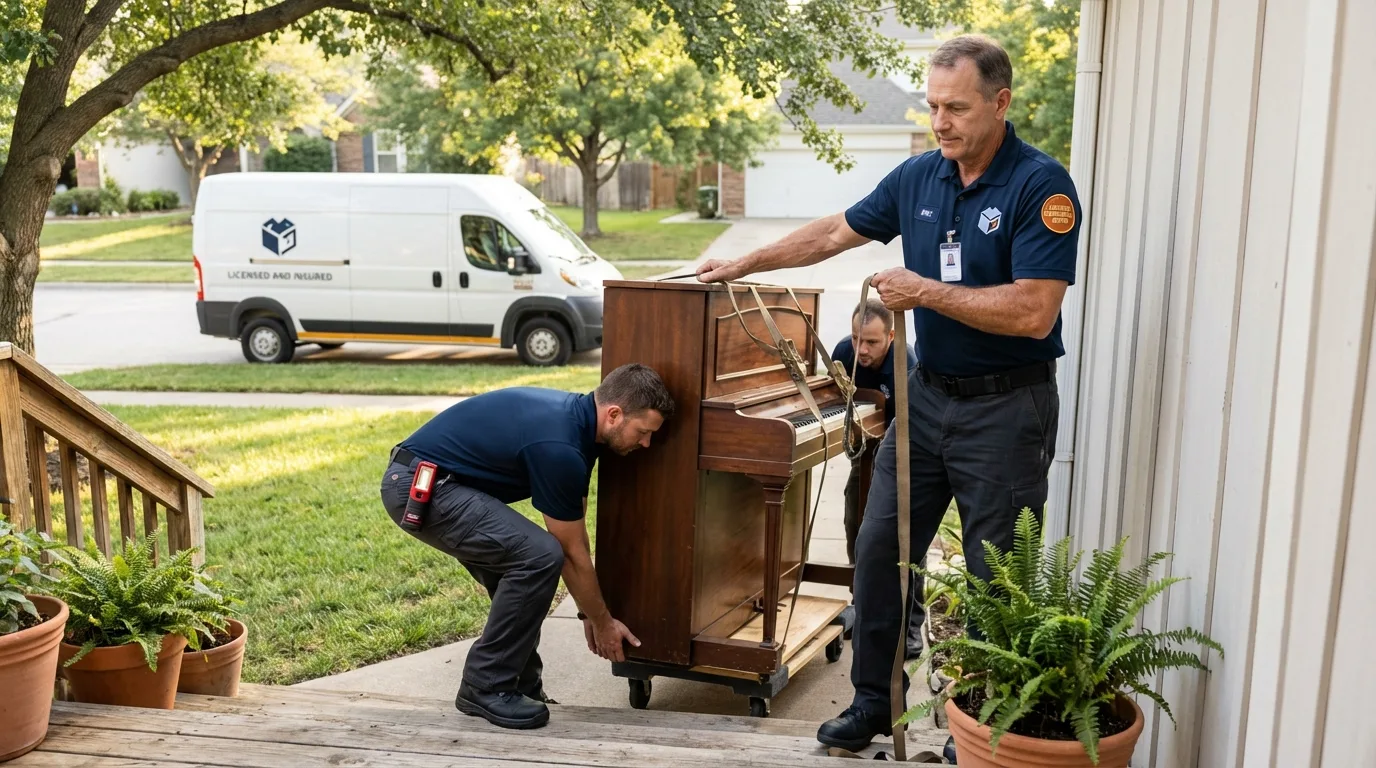 Licensed piano movers securing grand piano in Byron Center, MI