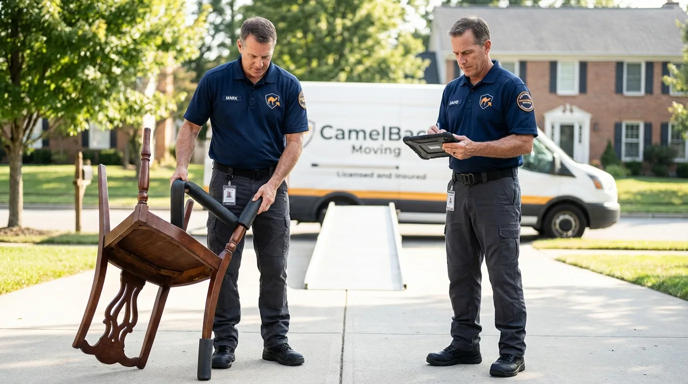 Movers inspecting furniture for damage prevention before loading in Byron Center, MI