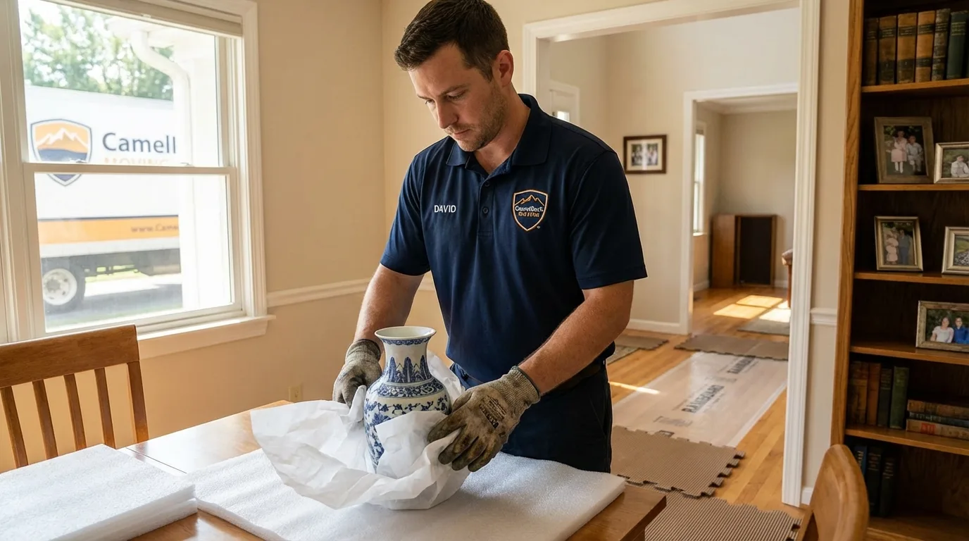Professional crew carefully wrapping antique vase for senior downsizing move in Byron Center, MI